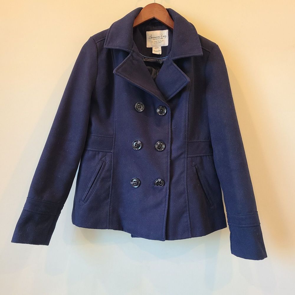 American Rag Womens Double Breasted Jacket Large Navy Blue Button Front